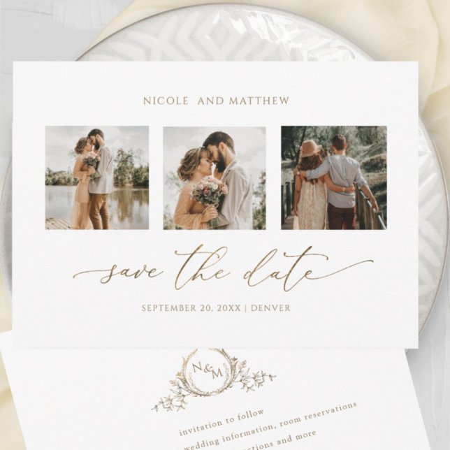 Elegant Photo Collage Minimalist Monogram Wedding Save The Date (Creator Uploaded)