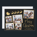 Elegant Photo Collage Santa Sleigh Black Gold Holiday Card<br><div class="desc">Elegant black and gold holiday card featuring a 5 photo collage of scattered pictures in frames,  a silhouette of reindeers flying Santa's sleigh,  "Merry Christmas" in a stylish script and your name in simple modern typography.</div>