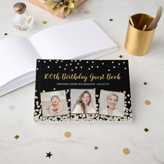 Elegant Photo Collage Silver Gold 100th Birthday Guest Book (Front Open)