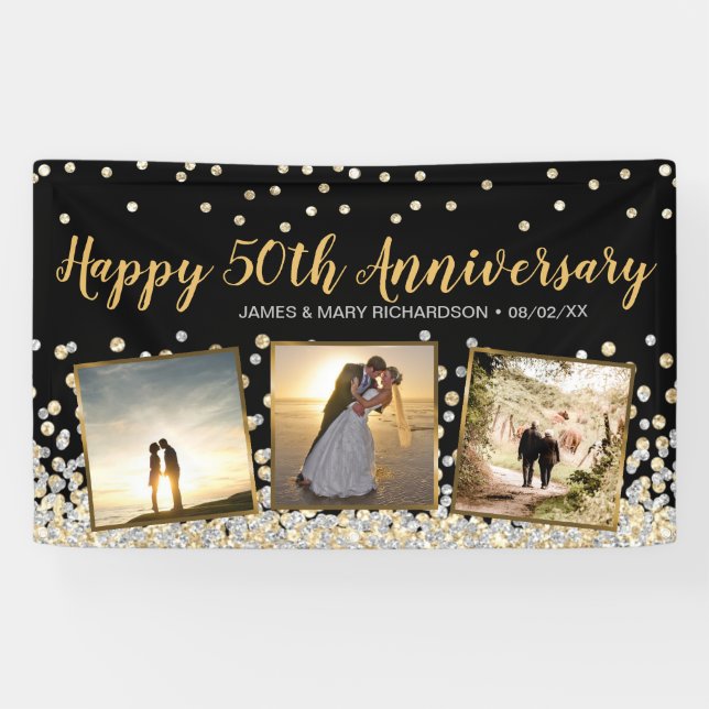 Elegant Photo Collage Silver Gold 50th Anniversary Banner (Horizontal)