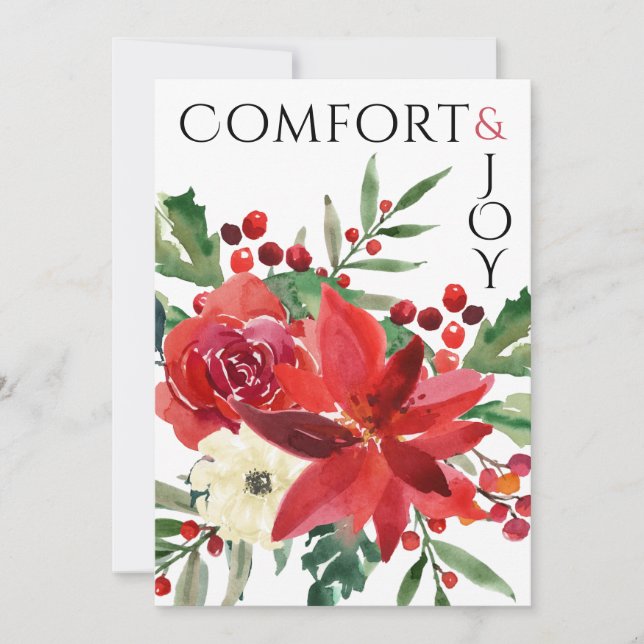 Elegant Photo Comfort & Joy Poinsettia Christmas Holiday Card (Front)