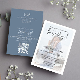 Elegant Photo Dusty Blue Minimalist QR Code RSVP  Invitation
