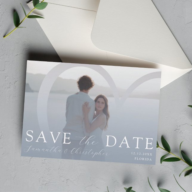 Elegant Photo  Dusty Blue & Silver Heart Wedding Holiday Card (Creator Uploaded)