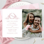 Elegant Photo Dusty Rose Monogram Wedding Save The Date<br><div class="desc">Announce your wedding date with this striking wedding save the date card featuring two sections on the front, to the left exquisite hand drawn botanical monogram elegantly framing couples initials in dusty rose hues with your names and wedding date and location details and to the right with section for your...</div>