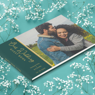 Elegant Photo Emerald Green And Gold Wedding  Guest Book