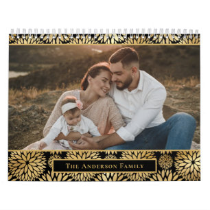 Elegant Photo Family Black Gold Foil Floral Calendar