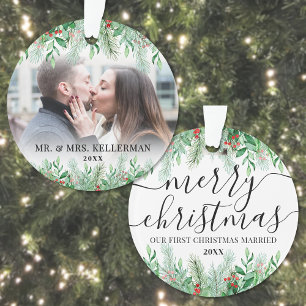 Elegant Photo First Christmas Married Ornament