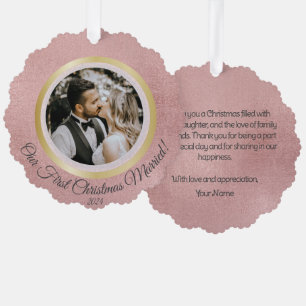 Elegant Photo First Christmas Married Rose Gold Ornament Card