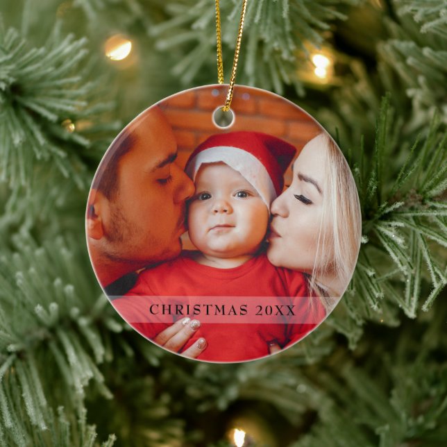 Elegant Photo First Christmas Script Typography Ceramic Ornament (Tree)