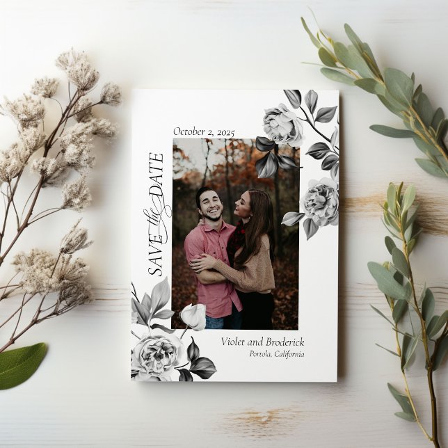 Élégant Photo Floral Noir & Blanc Save The Date (Créateur téléchargé)