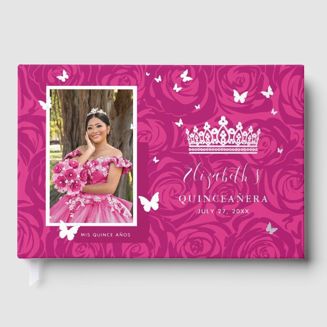 Elegant Photo Fuchsia Quinceanera Guest Book (Front)