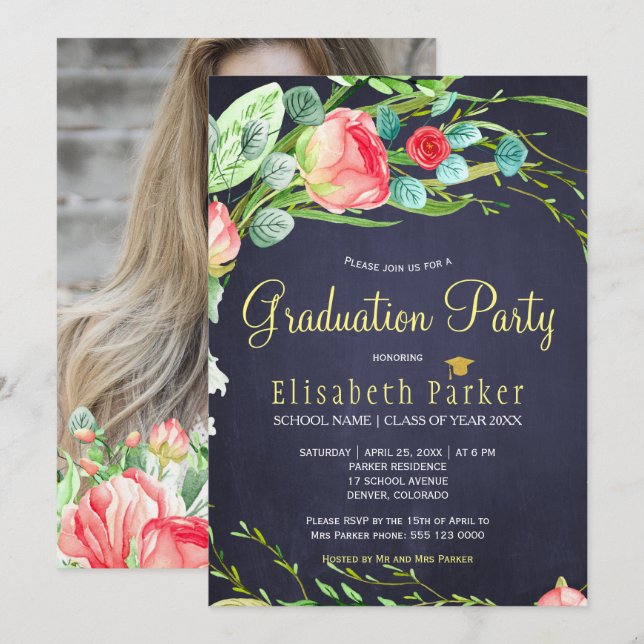 Elegant PHOTO garden roses graduation party Invitation (Front/Back)