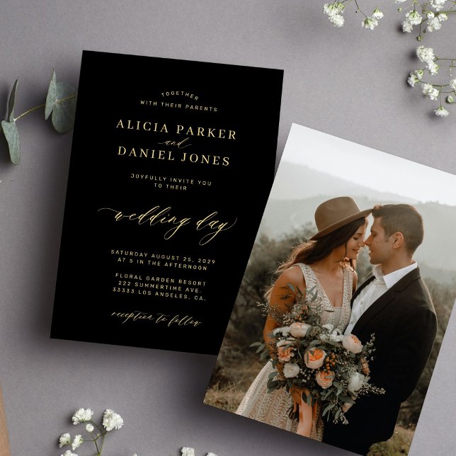 Elegant photo gold calligraphy black wedding invitation (Creator Uploaded)