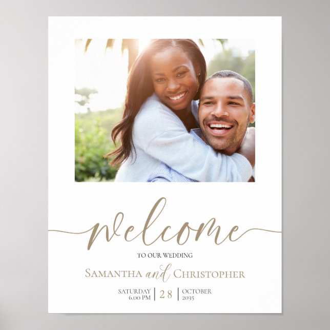 Elegant Photo Gold Calligraphy Wedding Welcome Poster (Front)