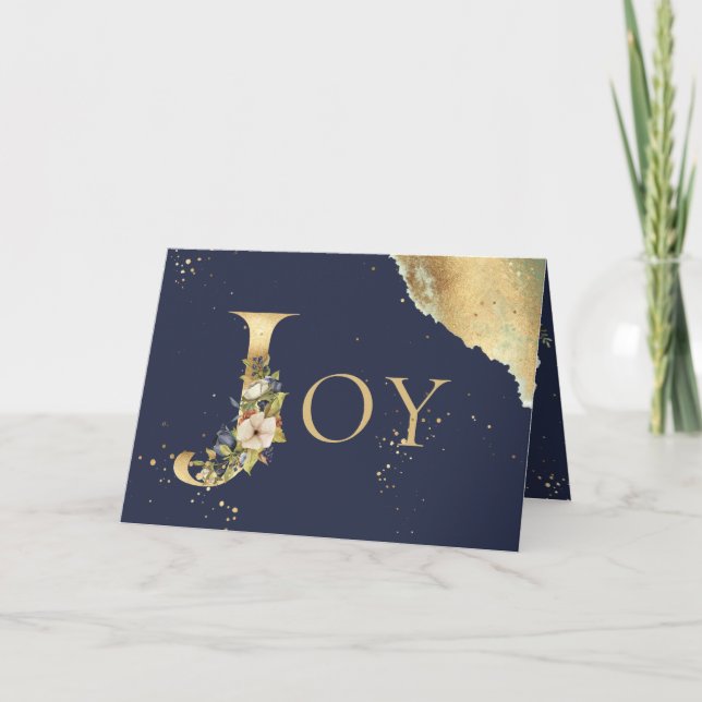 Elegant Photo Gold Floral Blue Joy Christmas Holiday Card (Front)