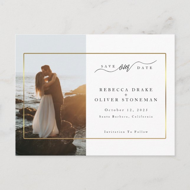 Elegant Photo Gold Frame Wedding Announcement Postcard (Front)
