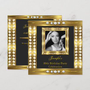 Elegant Photo Gold Glam Diamond Black Birthday Invitation