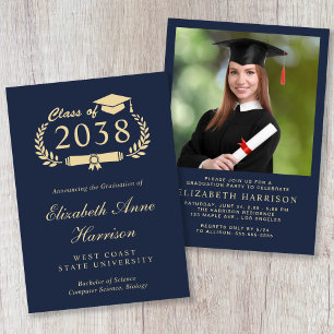 Elegant Photo Gold Script Blue Graduation Party Invitation