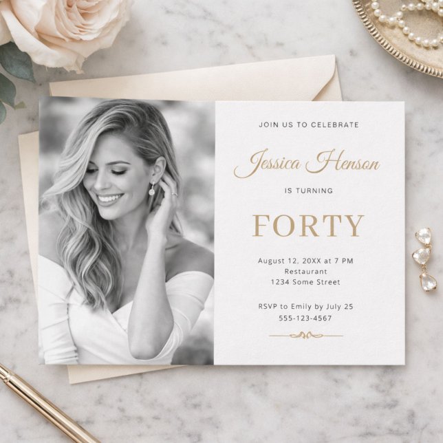 Elegant Photo Gold Script Minimal 40th Birthday Invitation (Creator Uploaded)
