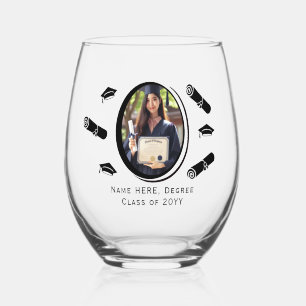Elegant Photo Graduation Diploma and Cap, Black Stemless Wine Glass
