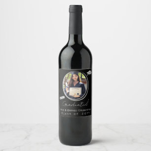 Elegant Photo Graduation Diploma Cap Black, Silver Wine Label