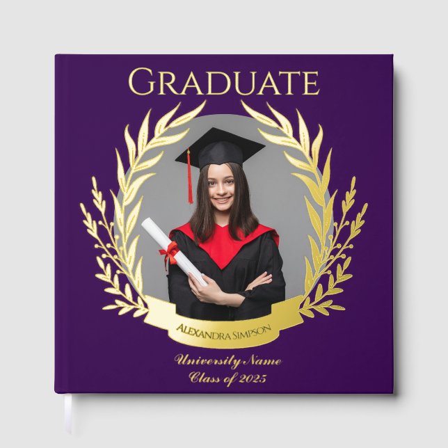 Elegant Photo Graduation Party Purple and Gold Guest Book (Front)