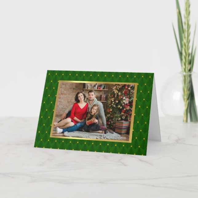 Elegant Photo Green and Gold Tree Christmas Card (Front)