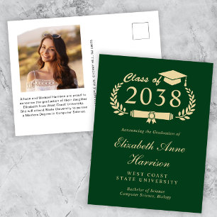 Elegant Photo Green Gold Graduation Announcement Postcard