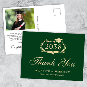 Elegant Photo Green Gold Graduation Thank You Postcard