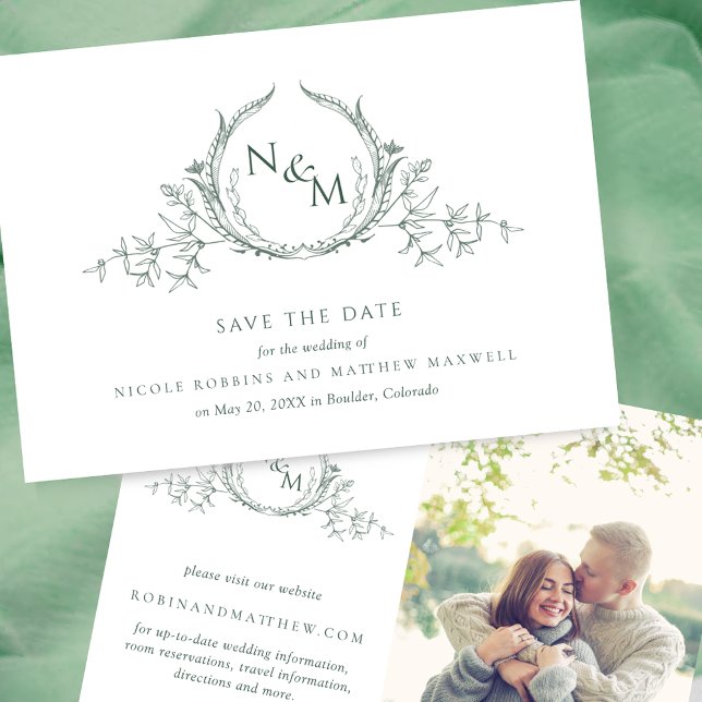 Elegant Photo Green Monogram Wedding Save The Date (Creator Uploaded)