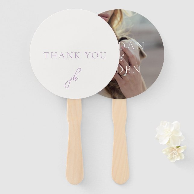 Elegant Photo Lilac Script Monogram Wedding Hand Fan (Front and Back)