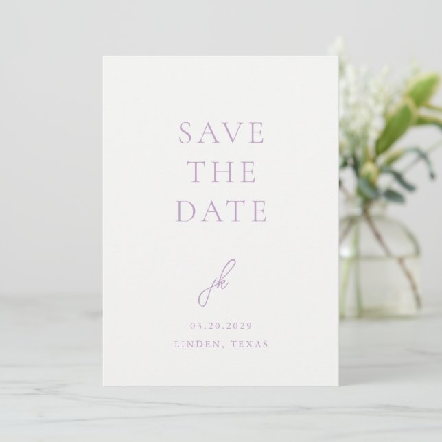 Elegant Photo Lilac Script Monogram Wedding Save The Date (Standing Front)