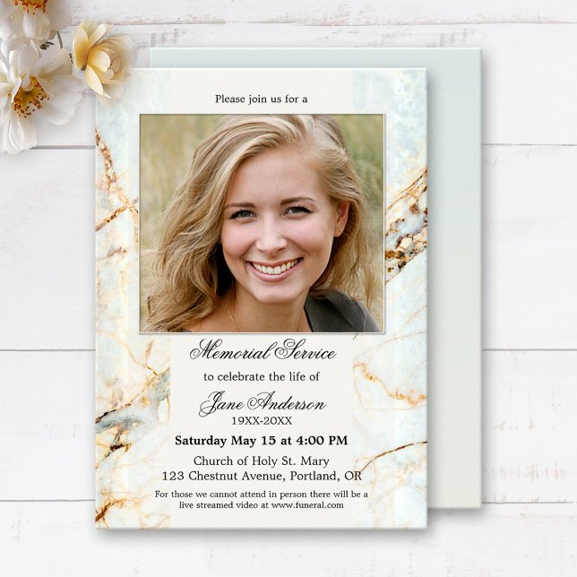 Elegant Photo Marble Funeral Memorial Service Invitation (Elegant memorial or funeral service invitation featuring your custom photo framed by a marble design)