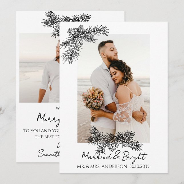 Elegant Photo Married & Bright Simple Christmas Holiday Card (Front/Back)