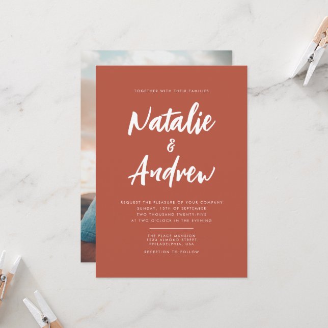 Elegant Photo Minimalist Script Misty Burnt Orange Invitation (Front/Back In Situ)