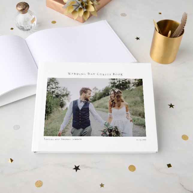 Elegant Photo Minimalist Script Wedding Guest Book (Front Open)