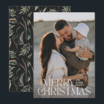 Elegant photo modern minimal black botanical holiday card<br><div class="desc">Elegant photo modern minimal natural black watercolor botanical typography Merry Christmas holiday flat card.</div>