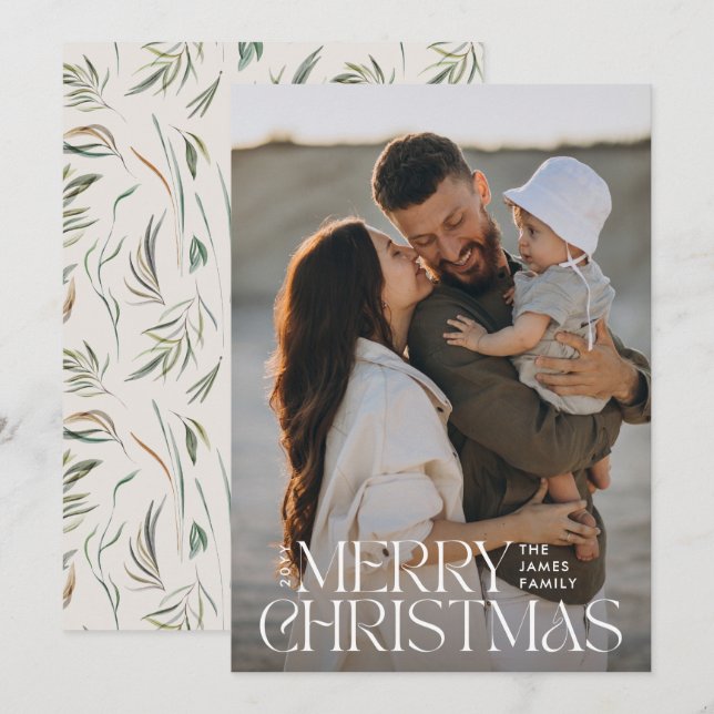 Elegant photo modern minimal cream botanical holiday card (Front/Back)