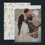 Elegant photo modern minimal cream botanical holiday card<br><div class="desc">Elegant photo modern minimal natural navy cream watercolor botanical typography Merry Christmas holiday flat card.</div>