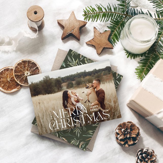 Elegant photo modern minimal green botanical holiday card (Creator Uploaded)