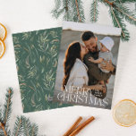 Elegant photo modern minimal sage green botanical holiday card<br><div class="desc">Elegant photo modern minimal natural sage green watercolor botanical typography Merry Christmas holiday flat card.</div>