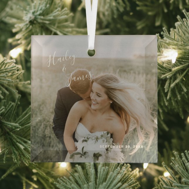 Elegant Photo Modern Newlywed First Christmas Glass Ornament (Insitu)