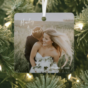 Elegant Photo Modern Newlywed First Christmas Metal Ornament