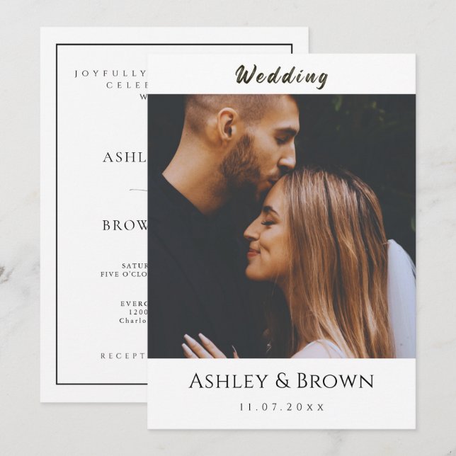 Elegant Photo Modern Script Minimalist Wedding Invitation (Front/Back)