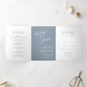 Elegant Photo Modern Simple Dusty Blue Wedding Tri-Fold Invitation