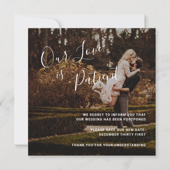 Elegant Photo Modern Wedding Postponement Announcement (Front)
