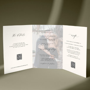 Elegant photo modern wedding RSVP details QR code Tri-Fold Invitation