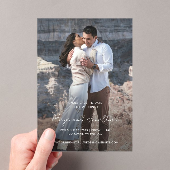 Elegant Photo Modern Wedding Save the Date Acrylic Invitations (Insitu (Handheld))