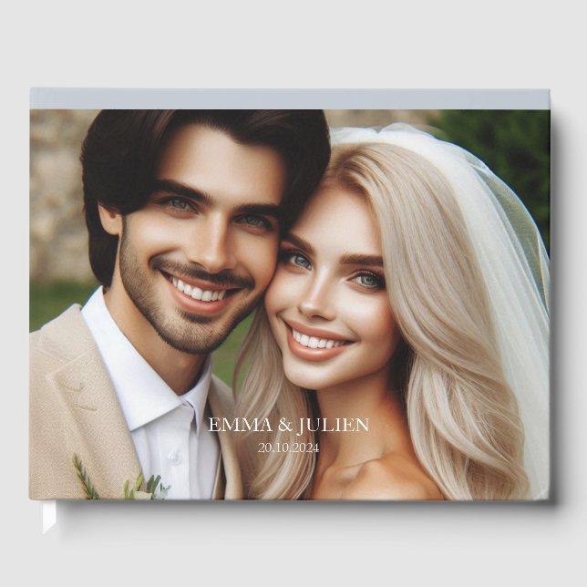 Elegant photo monogram Dusty Blue Guest Book (Front)