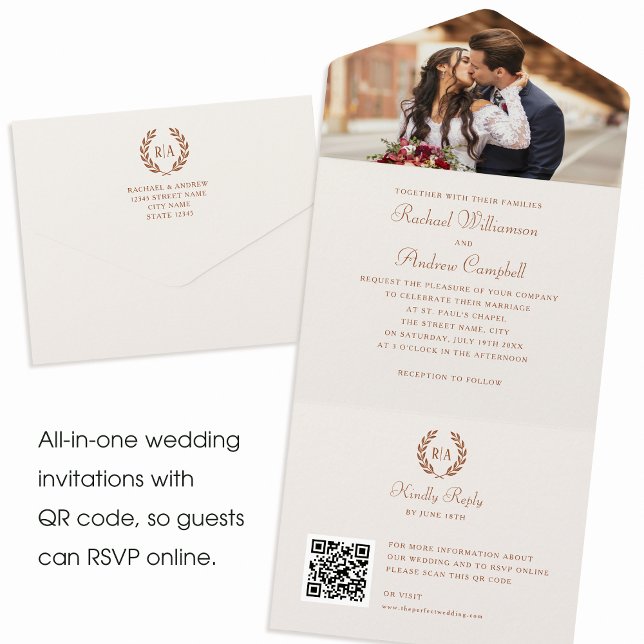 Elegant Photo Monogram QR Terracotta Cream Wedding All In One Invitation (Creator Uploaded)